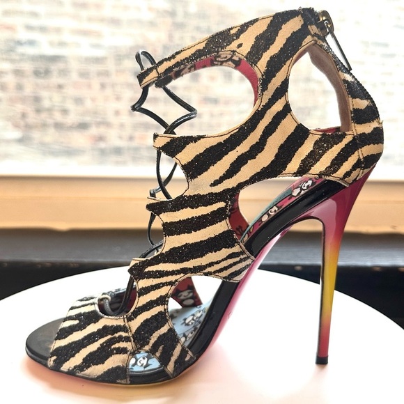 🌺 JIMMY CHOO ROB PRUITT🌺 Diffuse Glitter Zebra Print sandals size 37.5 - Picture 8 of 15